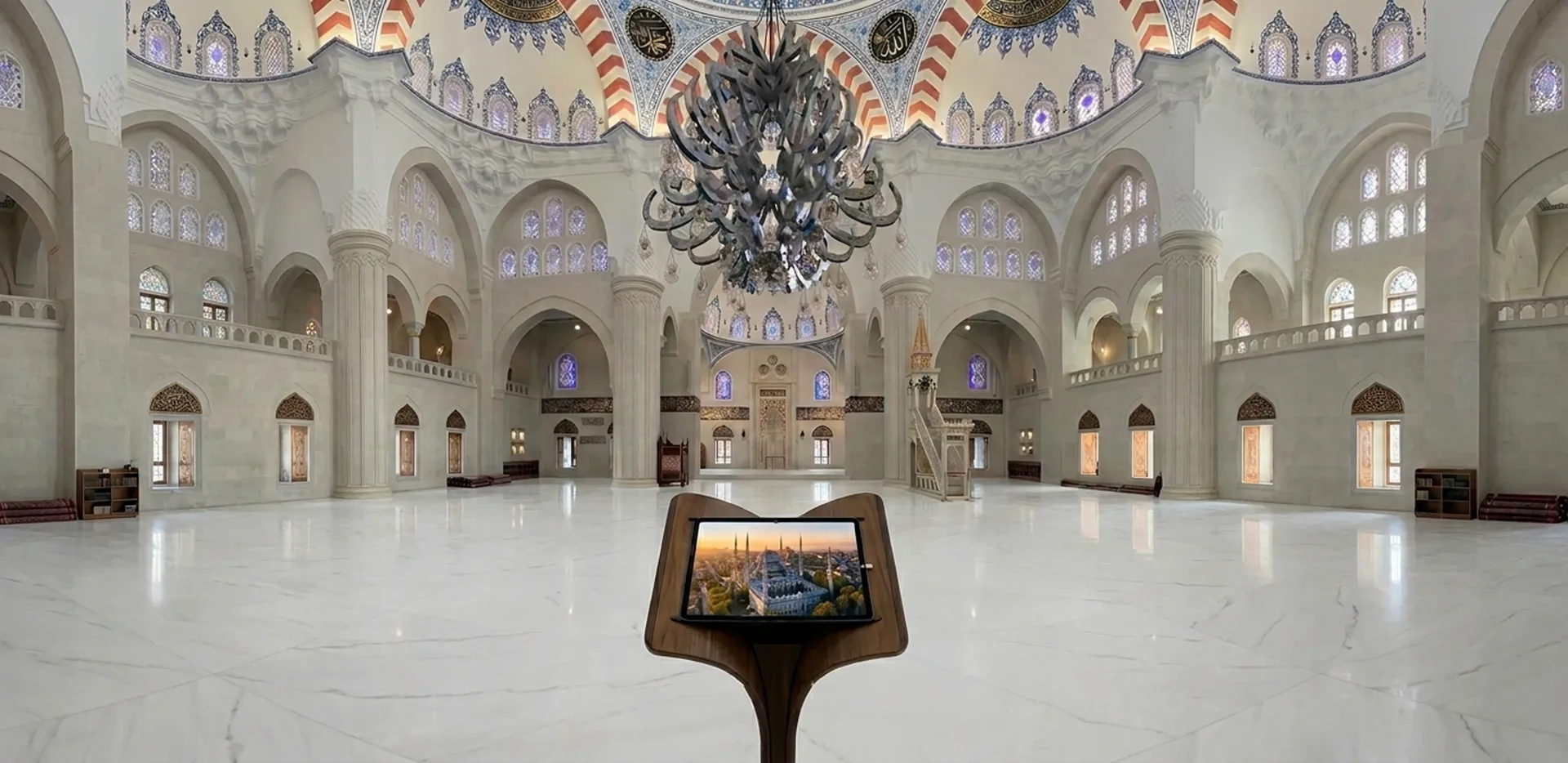 Mosque interior with digital tablet